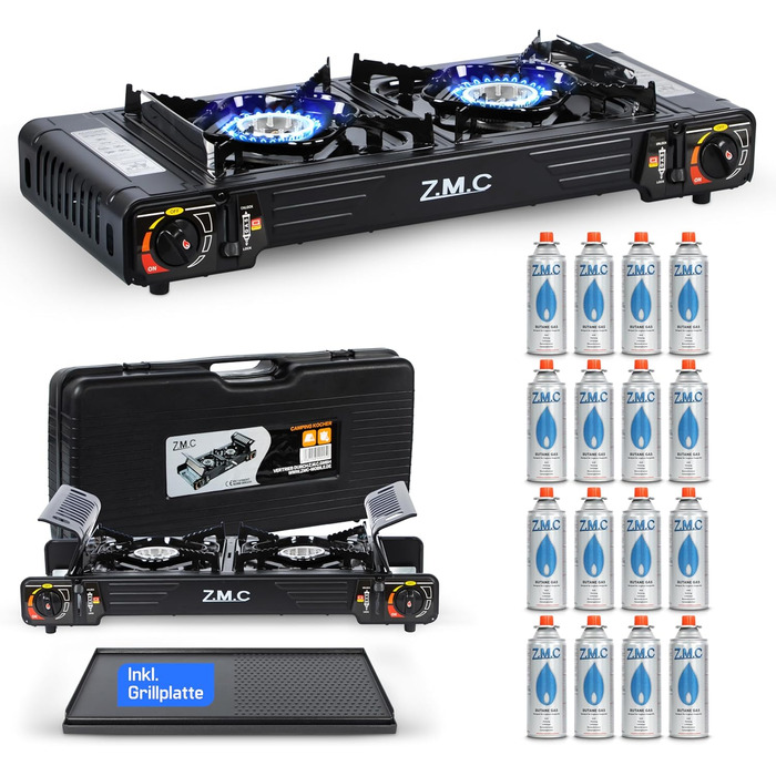 Преміум газовий набір для кемпінгу ZMC 2-flammig: плита, гриль та 16 картушів | 2,5 кВт, Piezo-запалювання, транспортний кейс | Для відпочинку на природі, балкону та дому