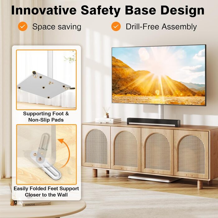 Підставка для телевізора TVON з кріпленням для плоских/вигнутих телевізорів 81-152 см (до 40 кг), регульована по висоті, з дерев'яною основою, поворотна, для спальні, білий/дерев'яна основа