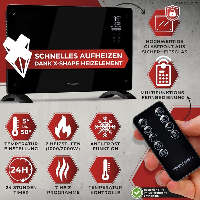 ProfiCare® Електричний конвектор з скляною передньою панеллю та X-подібним нагрівальним елементом | Мобільний обігрівач, також підходить для настінного монтажу | Конвектор з 2 рівнями нагріву | Безшумне опалення - 0dB | PC-GKH 3119 чорний