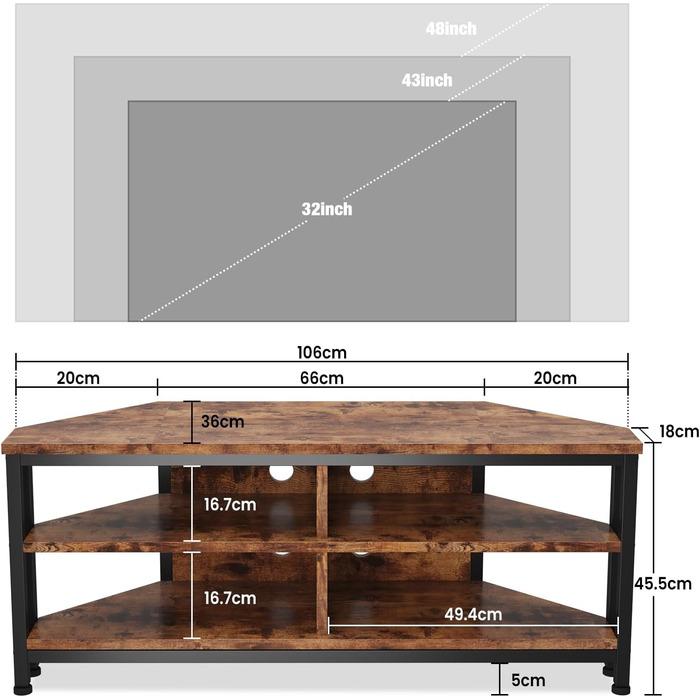 Тумба під телевізор кутова Dripex з LED підсвіткою, дерев'яний стиль, металевий каркас, індустріальний дизайн 106x36x45.5 см