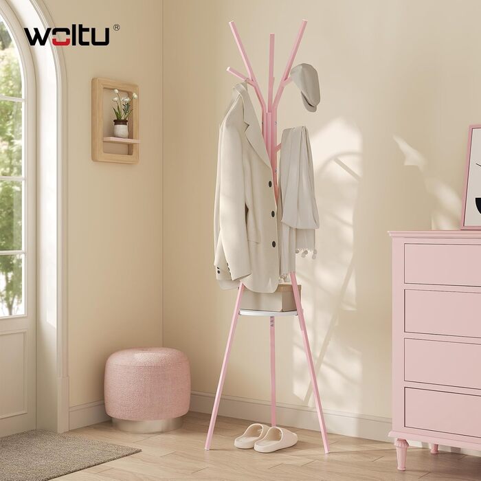 Вільна стійка для одягу WOLTU у формі дерева з полицею та 9 гачками, для одягу, шапок, сумок, біла, металева (рожева)