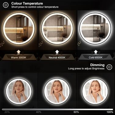 Круглий LED-дзеркало для ванної кімнати ChillCruiser 50 см з чорною рамою, антизапар, 3 кольори, 500 мм