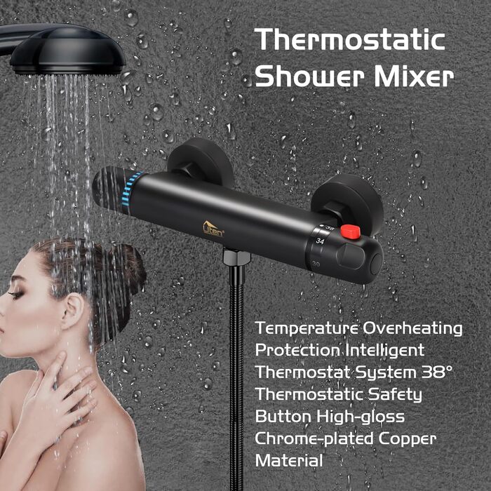 Змішувач для ванни з термостатом Uten, чорний, латунь, 2 виходи, захист 38°C