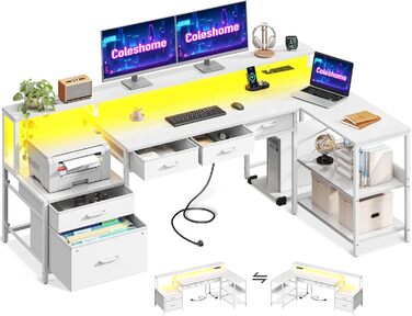 Комп'ютерний стіл кутовий Coleshome з шухлядами, 195x100 см, з розеткою, LED-підсвіткою та підставкою для монітора, реверсивний, з полицею для офісу