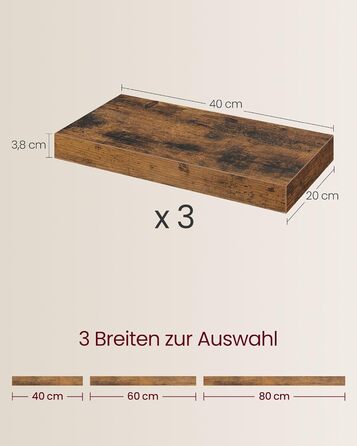 Настінна полиця VASAGLE, 3 шт. у наборі, 20 x 80 x 3,8 см, вінтажний колір, для фотографій, декору, вітальні, кабінету, кухні