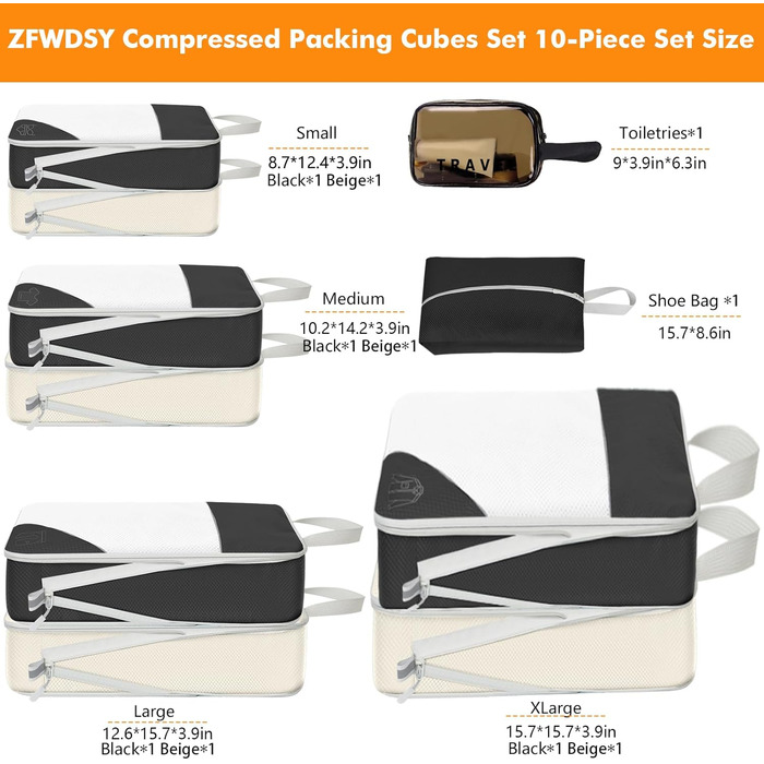 Набір компресійних органайзерів для подорожей Packwürfel, 10 предметів, водонепроникні сумки для одягу та речей у валізу, бежевий та чорний