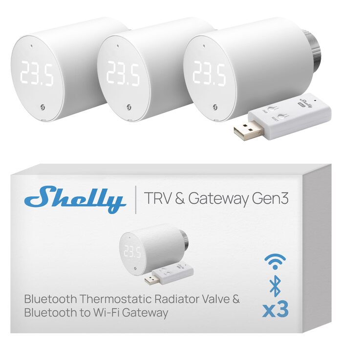 Shelly Blu TRV (3 шт.) + Shelly Blu Gateway Gen3: Розумний терморегулятор Bluetooth/Zigbee, точне регулювання температури, сумісність з Alexa та Google Home