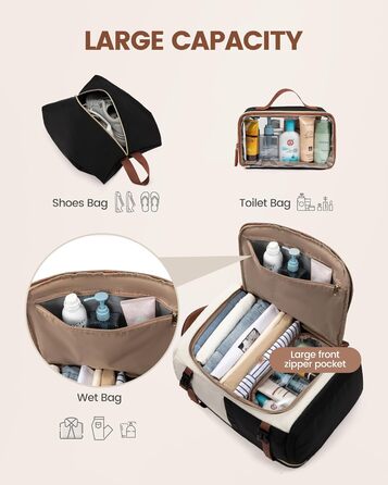 Рюкзак для подорожей LOVEVOOK 40L для жінок, ручна поклажа, рюкзак для авіаперельотів, сумка-рюкзак для бізнесу, школи, вихідних, бежевий хакі (17 дюймів, 40L, чорний+бежевий+коричневий)