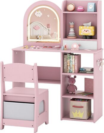 Детский туалетный столик Dreamade для девочек с LED-подсветкой, принцесса, деревянный, с полками и 5 ящиками, белый (с полками, розовый)
