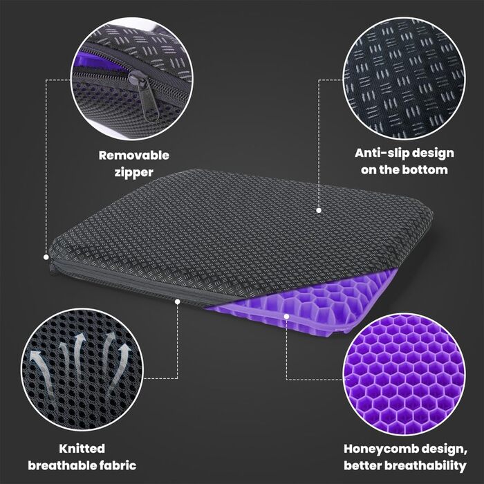 Ортопедична гелева подушка для сидіння на офісний стілець, автокрісло та візок — м'яка з протиковзким чохлом, фіолетова (43x39x4 см)