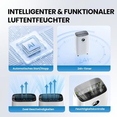 Електричний осушувач повітря 15L, 30㎡, для підвалу, з тачем, 2.5L бак, дренажний шланг, 46dB, таймер 24h, гарантія 3 роки