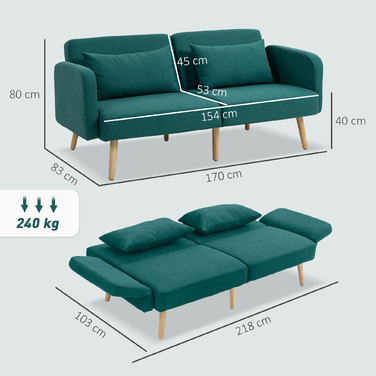 Диван-ліжко HOMCOM, 3-місний диван з функцією ліжка, 2 подушки, м'який диван з регульованою спинкою, з текстурою льону, зелений