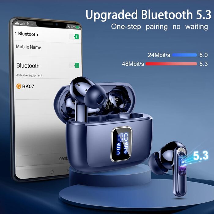 Навушники-вкладиші Bluetooth 5.3, 4 мікрофони ENC, 48 годин басів, водонепроникність IP7, світлодіодний індикатор, темно-синій