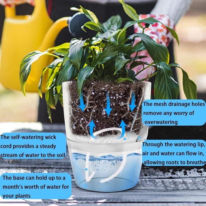 Набір горщиків для квітів з пластику (6 шт.) з автополивом, 22.3/15.3/10.5/8.2 см, для кімнатних рослин, квітів та трав - білий