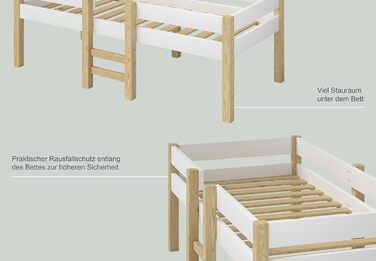 Дитяче ліжечко Bellabino Aspy із захистом від падіння, ліжко-горище біле з рейковим каркасом та 2 висувними ящиками, половина високого ліжка з місцем для зберігання натуральний/білий, ліжко-горище 90х200 см (біле без висувних ящиків)