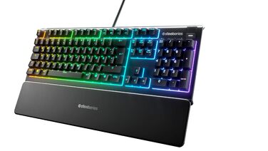 Клавіатура SteelSeries Apex 3 для ігор з RGB-підсвічуванням 10 зон, тихі ігрові клавіші, преміум підставка для зап'ястя, захист IP32, QWERTZ розкладка