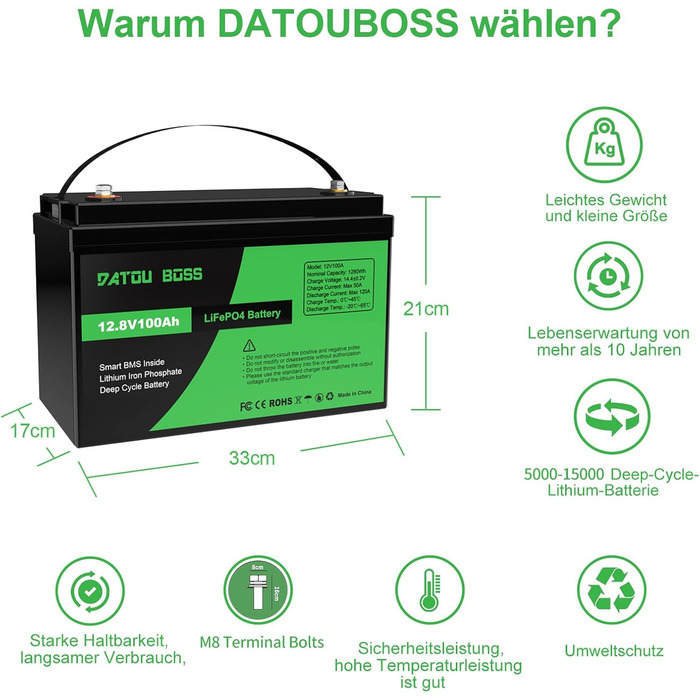 Акумулятор DATOUBOSS 12V 300Ah LiFePO4, 3840 Втгод, 200 А BMS, 15000 циклів, послідовно/паралельно, для автофургонів/морських