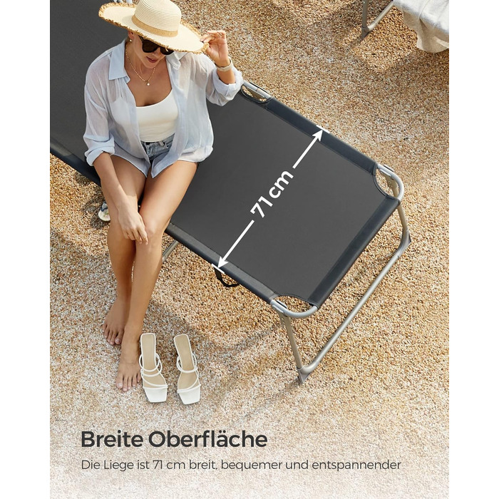 Лежак для відпочинку SONGMICS - великий, складаний, з сонцезахисною козирком та регульованою спинкою, 200 x 71 x 38 см, вантажопідйомність 150 кг, для саду, басейну, тераси, темно-сірий