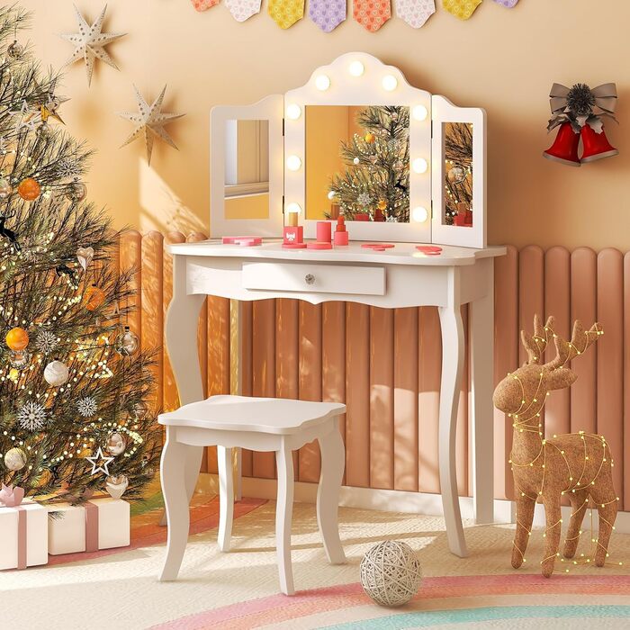 Дитячий столик для макіяжу 2 в 1 з підсвіткою та дзеркалом, COSTWAY, для дівчаток (білий)