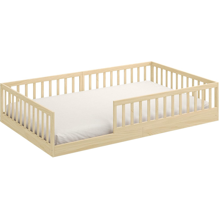 Ліжко дитяче CADANI Timi 2в1 Монтессорі 120x200 см з бортиками, ламелі, масив сосни, біле - 3 варіанти збірки, до 200 кг, регульоване