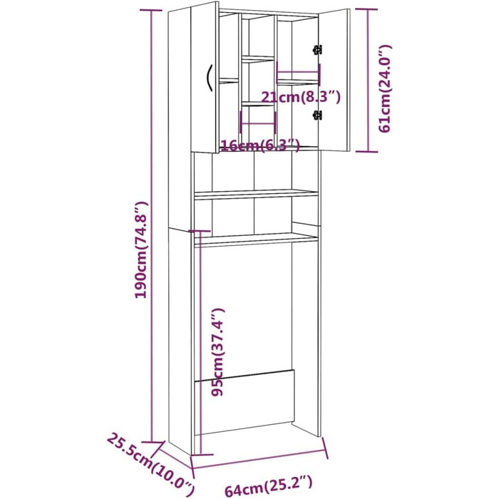 Шафа для пральної машини, Тумба для ванної кімнати з 2 дверцятами, 9 відділень, Висока шафа, (Коричневий Дуб)
