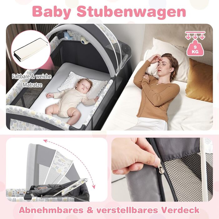 Дитяче туристичне ліжко COSTWAY 5-в-1 з матрацом, функція ліжка-гойдалки, пеленальний столик, музична шкатулка та сумка для перенесення, до 15 кг