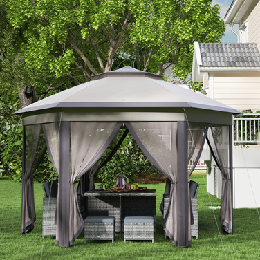 Альтанка Outsunny Garden Folding Gazebo 4x4 м Pop Up Tent Party Tent з сумкою для перенесення та 6 бічними панелями, подвійний навіс шестикутний у кавовому та бежевому кольорах