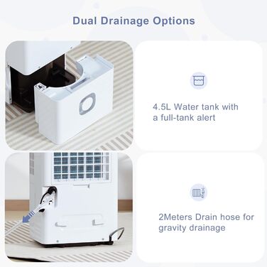 Електричний осушувач повітря з насосом: 80 л/день, компресорний, бак 8 л, повітряний потік 400 м³/год, смарт-гігростат, тихий будівельний осушувач для підвалу/квартири/офісу/ванної кімнати/спальні, чорний & білий (сірий & білий)