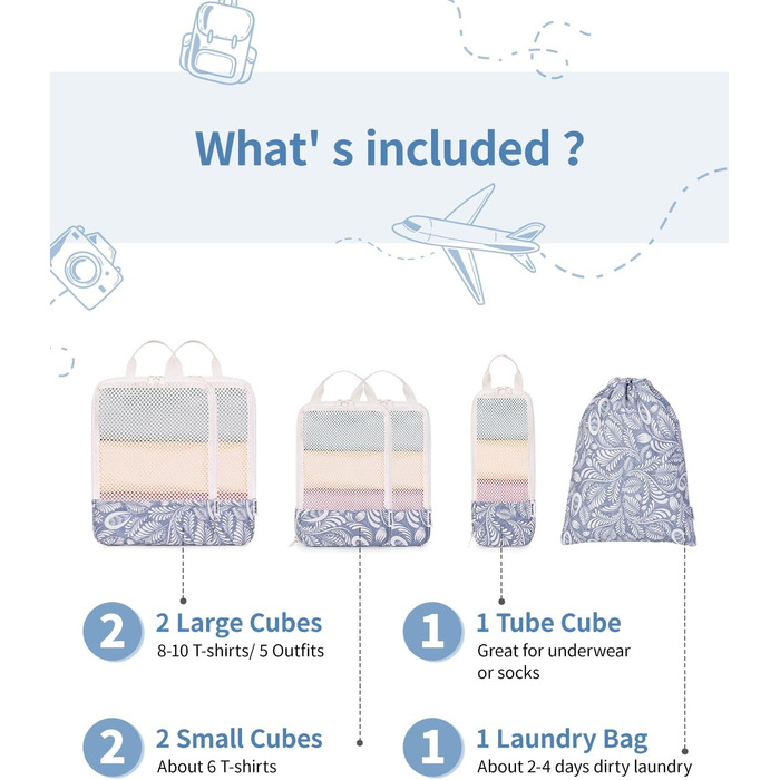 Набір органайзерів для подорожей Narwey з компресією, 6 шт, сумки-пакувальники для валізи та рюкзака (Блакитний листок)