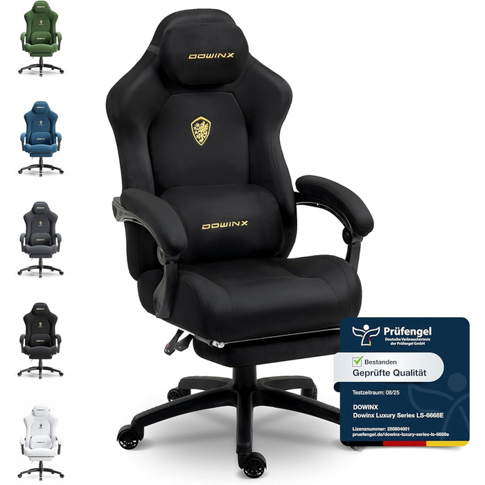 Ігровий крісло Dowinx з ергономічною підтримкою попереку, регульованою підголівником, посиленим сидінням, висувною підніжкою, регульованими підлокітниками, мікрофібровим велюром, нахилом до 160° (світло-чорний)