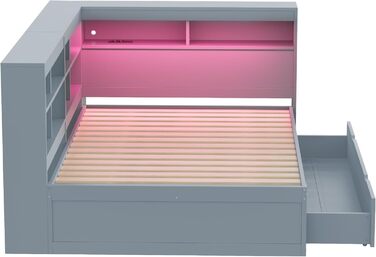 Диван-ліжко Kehun Doppelbet з LED-підсвіткою та USB-портом, трансформер з ящиками для зберігання та полицею, ліжко з ламелями, білий колір, без матраца, 140x200 см (сірий)