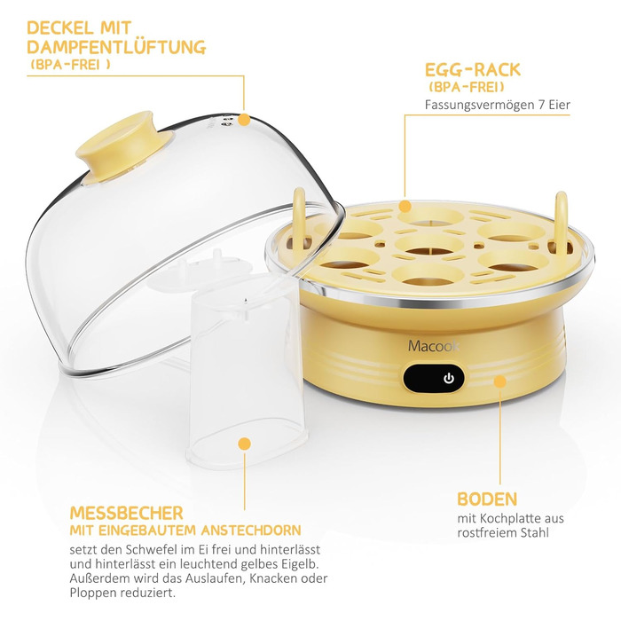 Яйцеварка Macook на 1-7 яєць, комп'ютеризоване керування, яйцеварка зі світлодіодним сенсорним екраном, регулювання твердості, захист від перегріву, яйцеварка з сигнальним сигналом, без бісфенолу А, 350 Вт, жовтий