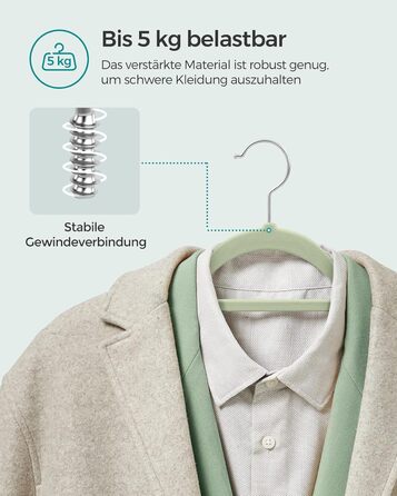 Плечики SONGMICS для одягу, велюрові, 20 шт., антиковзаючі, для краваток, 360° обертання, 0,6 см, економія місця, 43,5 см, для пальто, штанів, срібно-світло-зелені