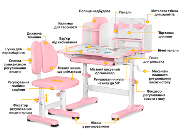 Комплект меблів (стіл + стілець + полиця) Mealux BD-28 Panda Pink (арт. BD-28 PN)