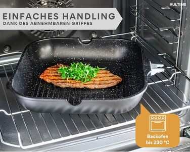 DIVORY Сковорода-гриль 28x28 см з виливом та знімним ручкою - сковорода для стейків на індукційній плиті, з антипригарним покриттям, з лопаткою та захистом для сковороди, чорна