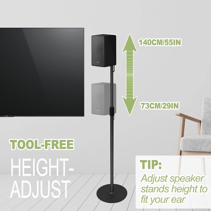 Підставка для колонок, регульована по висоті, для колонок до 73-140 см, 2 шт., для сателітів до 5 кг, інтегроване кабельне управління, універсальна (чорний)