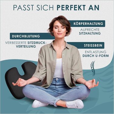 Ортопедична подушка для сидіння Nachtengel з Memory Foam для ергономічного комфорту, полегшення болю в куприку та спині – ідеально для офісного крісла, автосидіння (1 шт, чорний, Medium)