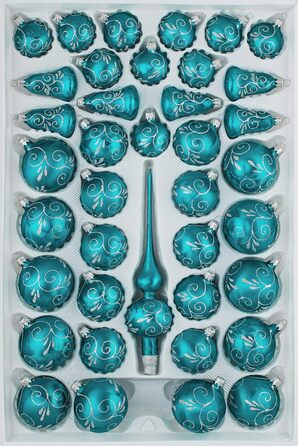 Набір скляних різдвяних дрібничок 'Ice Teal-Turquoise Silver - Ялинкові фенечки - Новорічні прикраси, 39 шт.