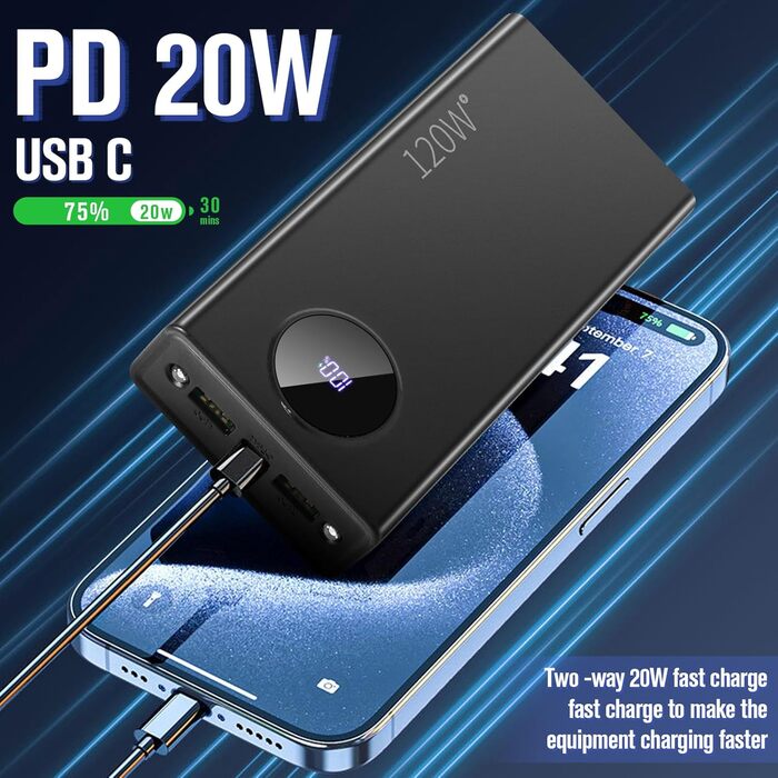 Зовнішній акумулятор PD20W, USB-C, LED-дисплей, портативний зарядний пристрій з кабелем, 20000mAh