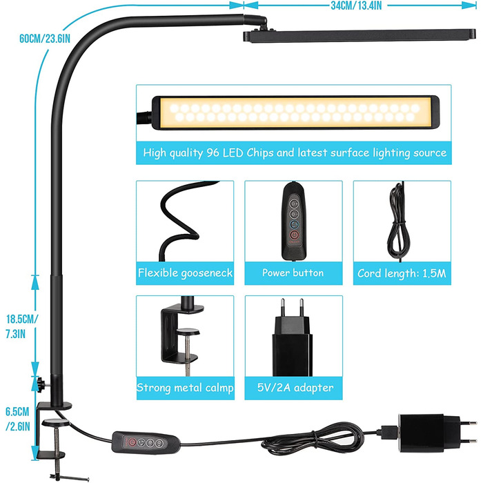 Світлодіодна настільна лампа з затискачем, 14 Вт затискна лампа з гусячою шиєю, робоча лампа для архітекторів 1100 лм 5 кольорів X 10 рівнів яскравості з регульованою яскравістю, затискна лампа для захисту очей, Офісна настільна лампа, чорний гусяча шия ч