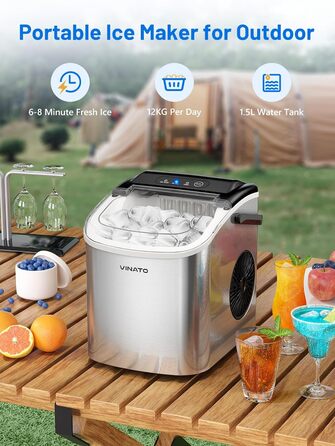 VINATO Льодогенератор портативний для дому та офісу, 12 кг/24 год, срібний. Швидке виробництво льоду (6-8 хв), з лопаткою та кошиком.