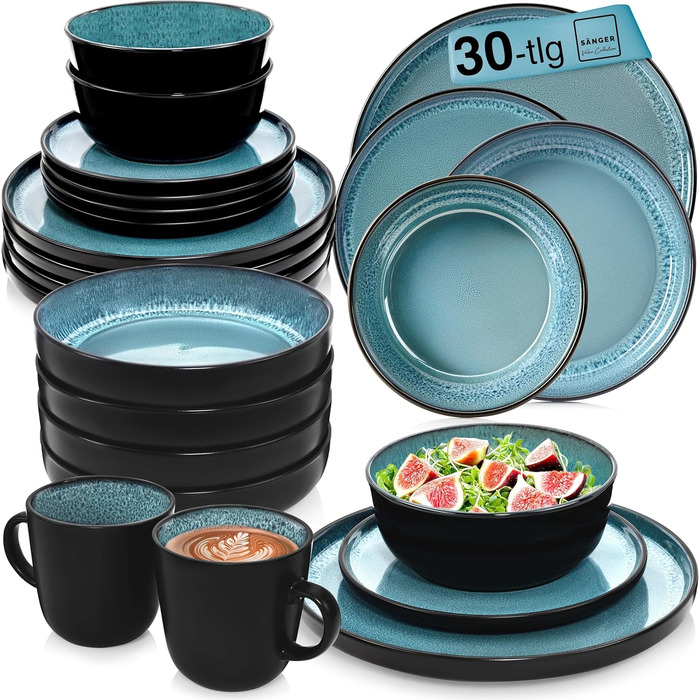 Набір посуду SÄNGER Vigo Kombiservice 30 тг. для 6 осіб: тарілки, чашки, паста, стелінг. Блакитний посуд з чорним обідком. Мікрохвильовка, посудомийна машина, стійкий до подряпин.