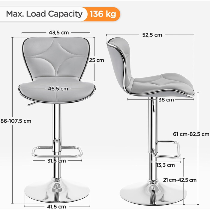 Набір барних стільців Yaheetech регульований по висоті, 61-85 см, до 136 кг, зі спинкою, комплект з 4 шт. , світло-сірий
