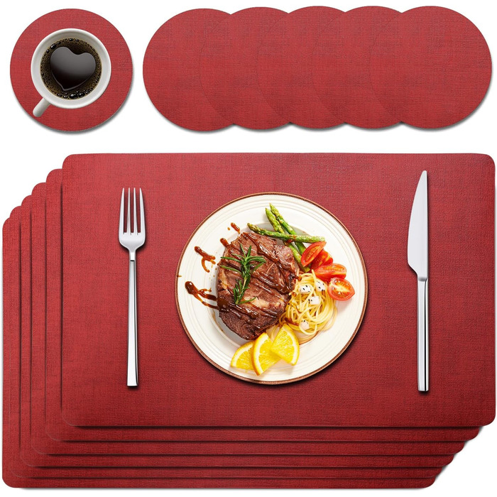 Набори підставки під тарілки Purejoy, 6 шт., сірі, миючіся, неслизькі, термостійкі, з PU шкіри, 43x30 см (червоні)