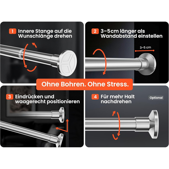 Штанга для душу без свердління 160-210 см, срібна, Ø 25 мм, телескопічна, з кріпленнями - для вікна, душу та перегородки