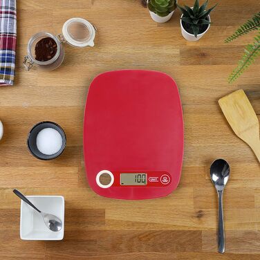 Кухонні ваги Цифрові малі - Цифрові ваги для кухні з функцією тари - Цифрові побутові ваги РК-дисплей - Електронні ваги Ультратонкі до 5 кг Червоний - Працює від батарейок