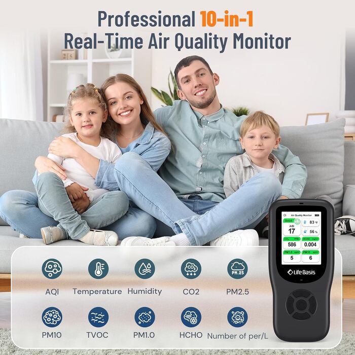 Детектор якості повітря LifeBasis 10 в 1: формальдегід, AQI, PM2.5/PM10, HCHO, TVOC, CO2, температура, вологість. USB зарядка для дому та офісу