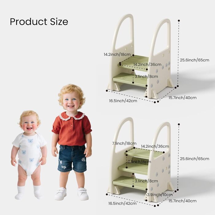 Дитячий тритул Hominewti з регулюванням висоти, 2-3 сходинки, з антиковзким покриттям та підлокітниками. Підходить для ванної кімнати, дитячої кімнати та кухні (зелений)