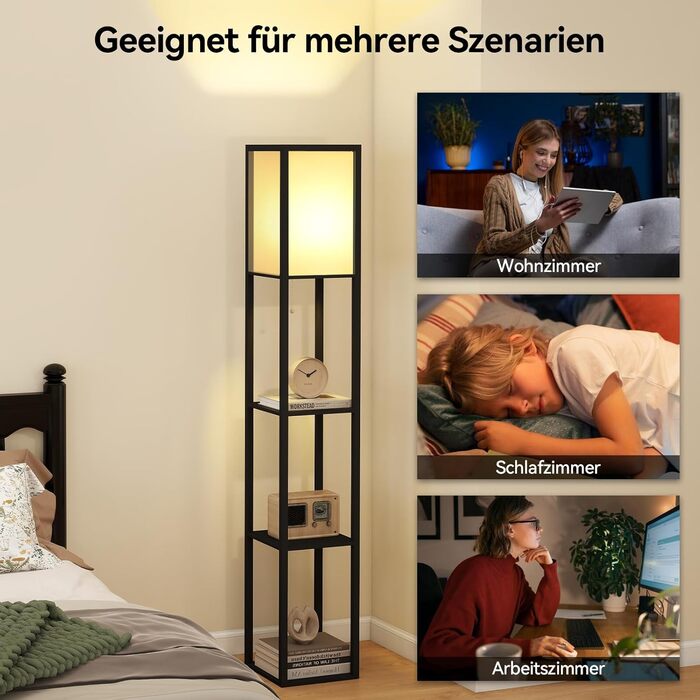 Торшер Fullwatt з дерев'яною полицею та підсвічуванням для спальні та вітальні (чорний)