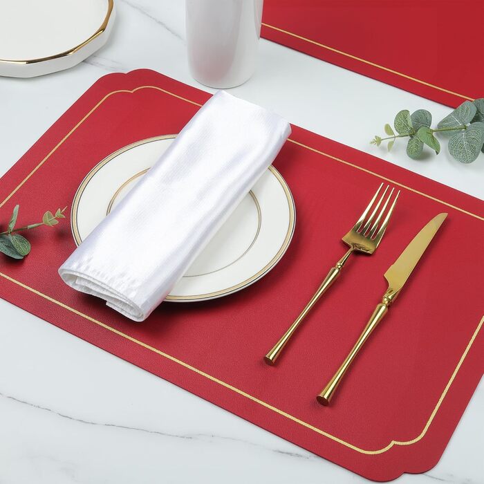 Набори підставки під тарілки Fanquare, 6 шт., зелені, прямокутні, з екошкіри, з золотим кантом. Стійкі до нагрівання, миючіся, антиковзаючі підставки для обіднього столу, весільної декоації. Розмір 45 * 30 см.